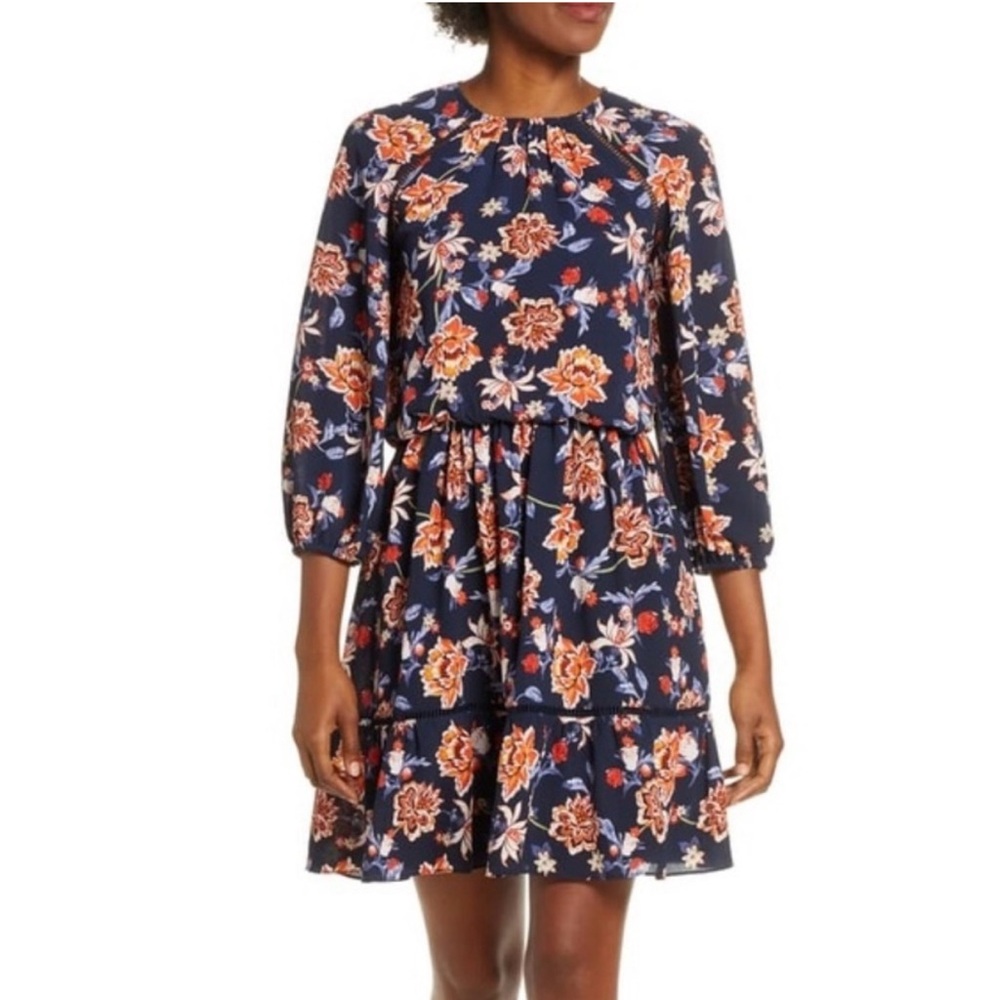 Eliza J Navy Floral 3/4 Sleeve Dress